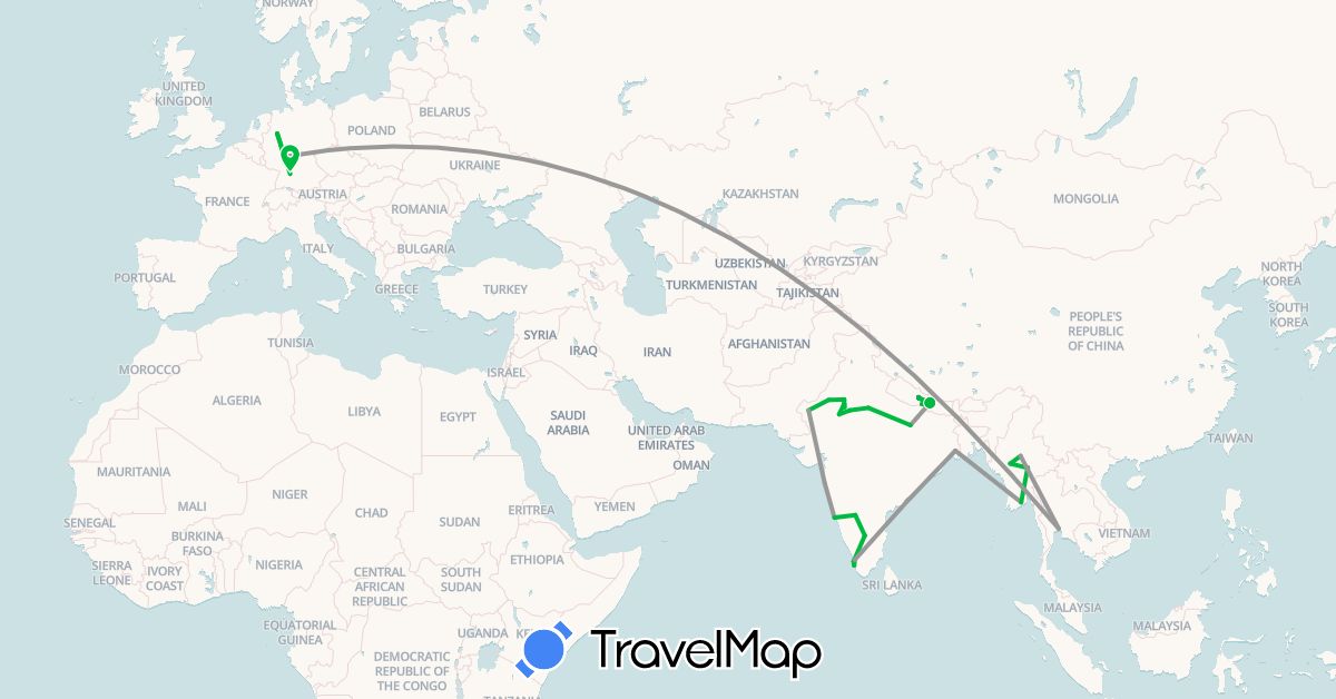 TravelMap itinerary: driving, bus, plane, cycling in Germany, India, Myanmar (Burma), Nepal, Thailand (Asia, Europe)