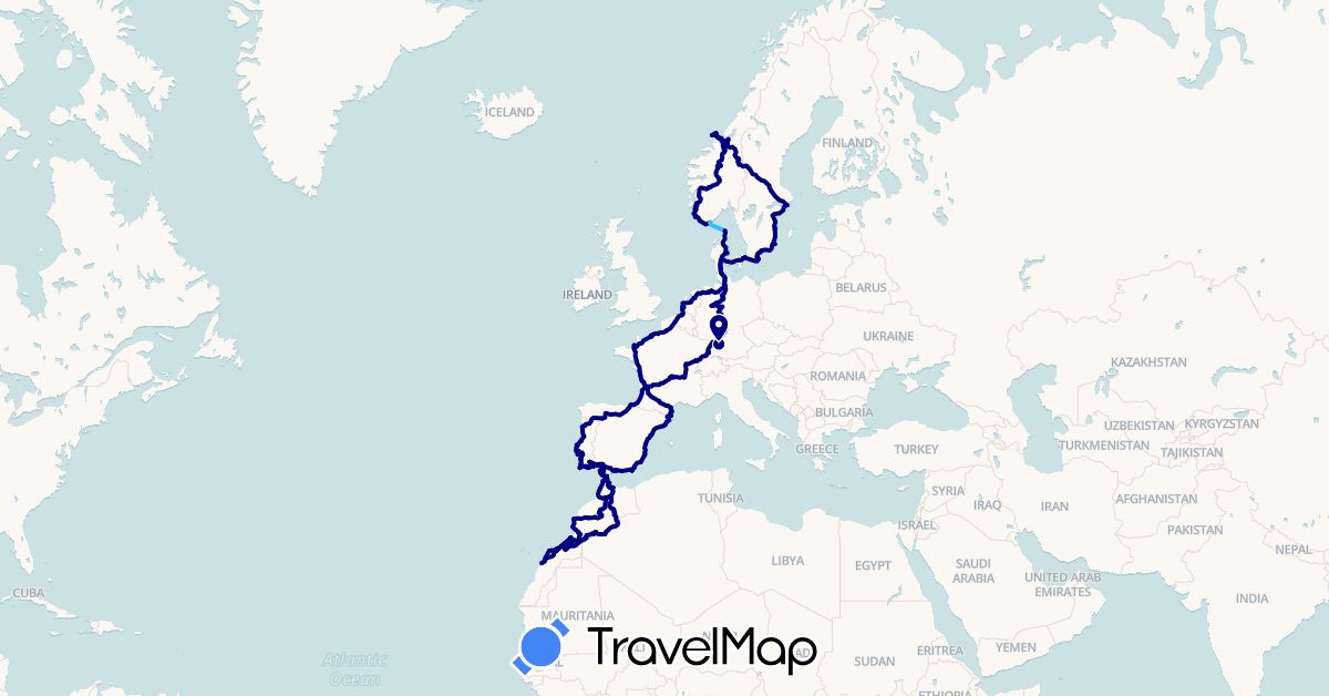 TravelMap itinerary: driving, boat in Germany, Denmark, Spain, France, Morocco, Netherlands, Norway, Portugal, Sweden (Africa, Europe)
