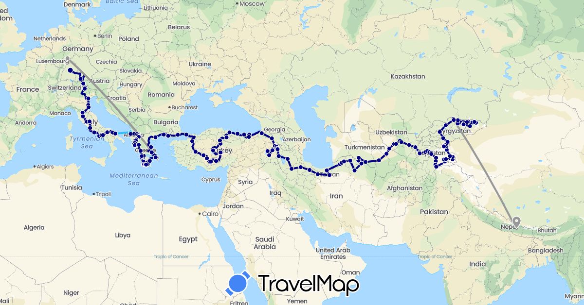 TravelMap itinerary: driving, plane, boat in Albania, Austria, Germany, Greece, Iran, Italy, Kyrgyzstan, Macedonia, Nepal, Tajikistan, Turkmenistan, Turkey, Uzbekistan (Asia, Europe)
